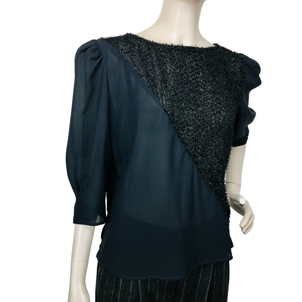Vintage 60s Byer California Sheer Black Eyelash Puff Sleeve Blouse Medium